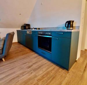 a blue kitchen with a counter and an oven at Ruhige 2-Zimmer Ferienwohnung FeWo Bodensee in Öhningen