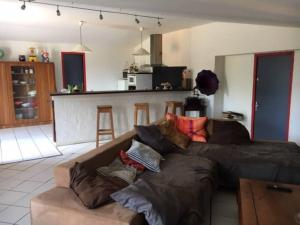 a living room with a couch with pillows on it at le dépot Appartement du canal 80m2 à champvert in Champvert