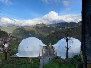 two domes on a building with mountains in the background at LİMKHONA DOME - CHALET in Çamlıhemşin