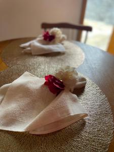 two napkins on a table with flowers on them at VILLA ITÁLIA CHALÉ in Santo Antônio do Pinhal