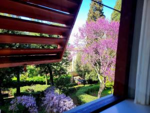 ein Fenster mit Blick auf einen Garten mit lila Bäumen in der Unterkunft Villa Nardi - Residenza D'Epoca in Florenz