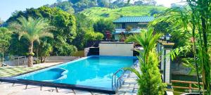 a swimming pool in front of a house with palm trees at Treehouse Tabor Hills Resort Vagamon in Vagamon