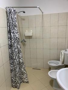 einen Duschvorhang im Bad mit WC in der Unterkunft Casa vista mare a Shengjin in Shëngjin