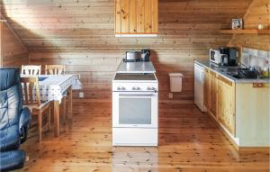 a kitchen with a stove and a table in a cabin at Beautiful Home In Finns With 2 Bedrooms in Lykling