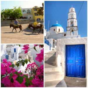 een collage van foto's met een man op een paard en een blauwe deur bij Flora's House & Cave Winery in Pirgos