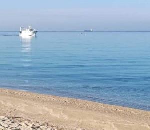 a boat in the water next to a beach at Appartamenti & Camere TRA SCILLA e TROPEA in San Ferdinando