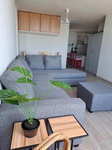 a living room with a couch and a table with a plant at Sun Sea Sand Peacehaven Scottburgh in Scottburgh