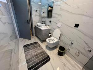 a bathroom with a toilet and a walk in shower at Crystal Apartments Old Town Sarajevo in Sarajevo