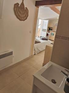 uma cozinha com um lavatório e uma sala de estar em Petite étoile de Mer - Studio hyper équipé à 150m d'une plage de sable fin grande terrasse presqu'île de charme em Saint-Mandrier-sur-Mer
