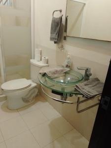 a bathroom with a toilet and a glass sink at AELI's HOUSE in Guadalajara