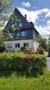 a large white house with blue windows and bushes at Ferienwohnung Alte-Schule-Kail Wohnung 2 in Kail