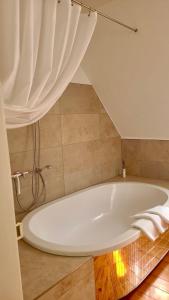 Villa Johanna في باد هيرنالب: حوض أبيض كبير في حمام مع ستارة