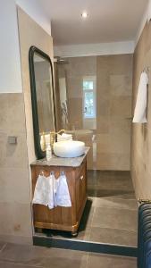 ein Bad mit einem Waschbecken und einem Spiegel in der Unterkunft Villa Johanna in Bad Herrenalb