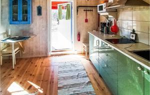 a kitchen with green cabinets and a wooden floor at Nice Home In Hinds With 1 Bedrooms And Wifi in Hindås