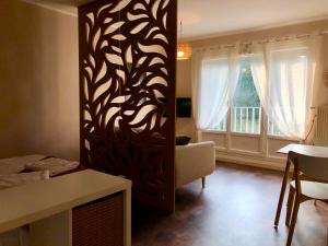 una sala de estar con una gran mampara de madera y una ventana en Charmant Studio à 2 pas de la gare en Lons-le-Saunier