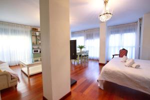 a bedroom with a bed and a living room at Apartamentos Chvictoria in Cuenca