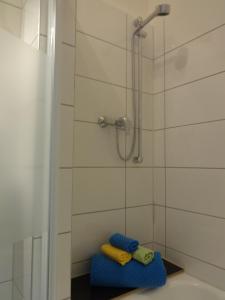 a bathroom with a shower with two towels on a tub at Du Russel Suite in Baden-Baden