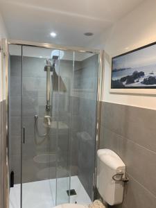 La salle de bains est pourvue d'une douche en verre et de toilettes. dans l'établissement Poetto Apartment, à Quartu SantʼElena
