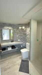 La salle de bains est pourvue de toilettes blanches et d'un mur en pierre. dans l'établissement Las Chimeneas, à Icod de los Vinos