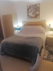 ein Bett in einem Schlafzimmer mit zwei Lampen und einer Bettdecke in der Unterkunft Cruz de Vino in Caravaca de la Cruz