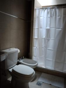 ein Badezimmer mit Toilette, Waschbecken und Dusche in der Unterkunft Departamento para 4 personas con cochera in Godoy Cruz + 2 Fotos