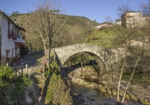 un pont en pierre sur une rivière dans un village dans l'établissement CASA CON PISCINA Y BARBACOA, à Freigido
