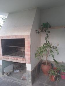 un horno de ladrillo con una maceta y una planta en Hermosa Casa Familiar en Santa Rosa