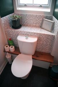 a white toilet in a bathroom with a window at Grand top floor apartment in the Royal Bank House in Maybole