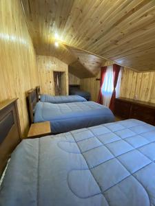 two beds in a small room with wooden ceilings at Donde Jose Cabañas y Restaurant in Manzanar