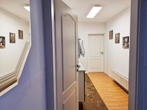 un couloir avec des murs bleus et une porte blanche dans l'établissement Musashi Apartment 2, à Weimar