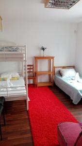 um quarto com 2 beliches e um tapete vermelho em Willa Tanagra em Poznań