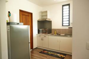 een keuken met een roestvrijstalen koelkast en een raam bij Le dauphin de te ava iti in Matiti