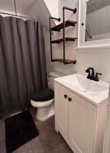 y baño con aseo, lavabo y ducha. en Meticulously Maintained One Bedroom Retreat!, en Minneapolis