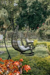 a pair of chairs sitting in a garden at Hotel Los Olivos Santiago Atitlan in Santiago Atitlán