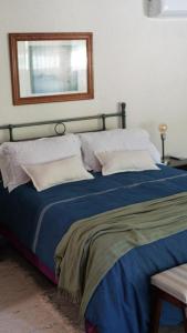 Un dormitorio con una cama con sábanas y almohadas azules. en Ranchito- casita de huespedes, en Alta Gracia