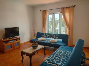 a living room with a blue couch and a tv at Casa Guerreiro in Longueira