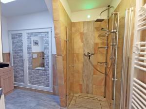 La salle de bains est pourvue d'une douche avec une porte en verre. dans l'établissement Musashi Apartment 2, à Weimar