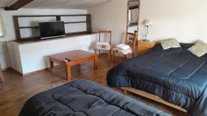 コンセプシオン・デル・ウルグアイにあるDuplex en el centro de Concepción del Uruguayのベッドルーム1室(ベッド2台、テーブル、テレビ付)