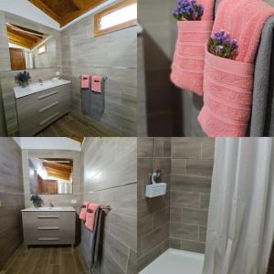 two pictures of a bathroom with pink towels at Casa Rural Antigua Escuela II in Hermigua