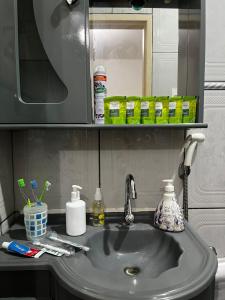 a sink with toothbrushes and a mirror above it at Cantinho do Thiê in Paquetá
