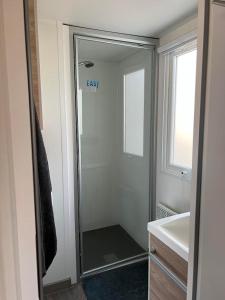 ein Bad mit einer Dusche, einem Spiegel und einem Waschbecken in der Unterkunft MH Kerlann 4* Finistère Sud 237 in Pont-Aven