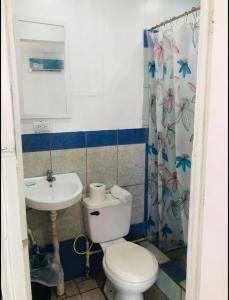 łazienka z toaletą i umywalką w obiekcie Apartamentos Zamora w mieście Puerto Limón