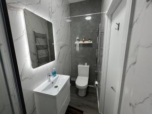 a white bathroom with a toilet and a sink at studio in Ilford