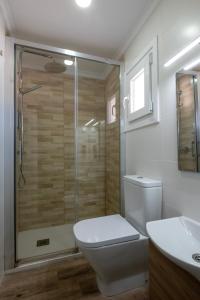 een badkamer met een douche, een toilet en een wastafel bij El mirador del Mentidero in Cádiz