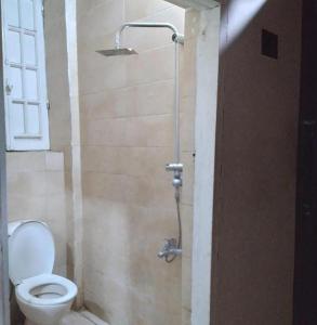 La salle de bains est pourvue de toilettes, d'une douche et d'une fenêtre. dans l'établissement Grand Safari Hostel, au Caire