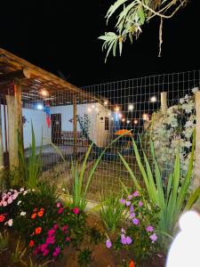 a garden at night with flowers and lights at Chale Pepe in Carrancas