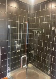 a bathroom with a shower with black tiles at CBD Apartment, River View in Hamilton