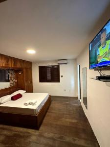 a bedroom with a bed and a flat screen tv at Suítes no São Francisco - Casa de Hospedagem Ferreira in São Luís