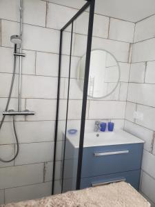 een badkamer met een wastafel en een douche bij BRISE MARINE in Groix