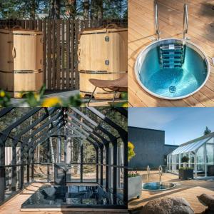 a collage of four pictures of a hot tub and a sink at Seaside_albatross in Ķesterciems